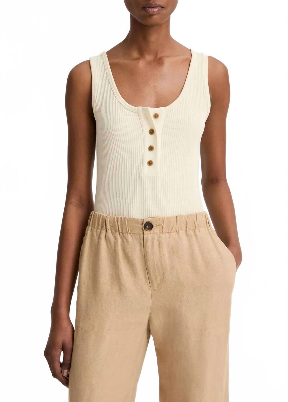 NEW VINCE rib henley tank top in sun ivory